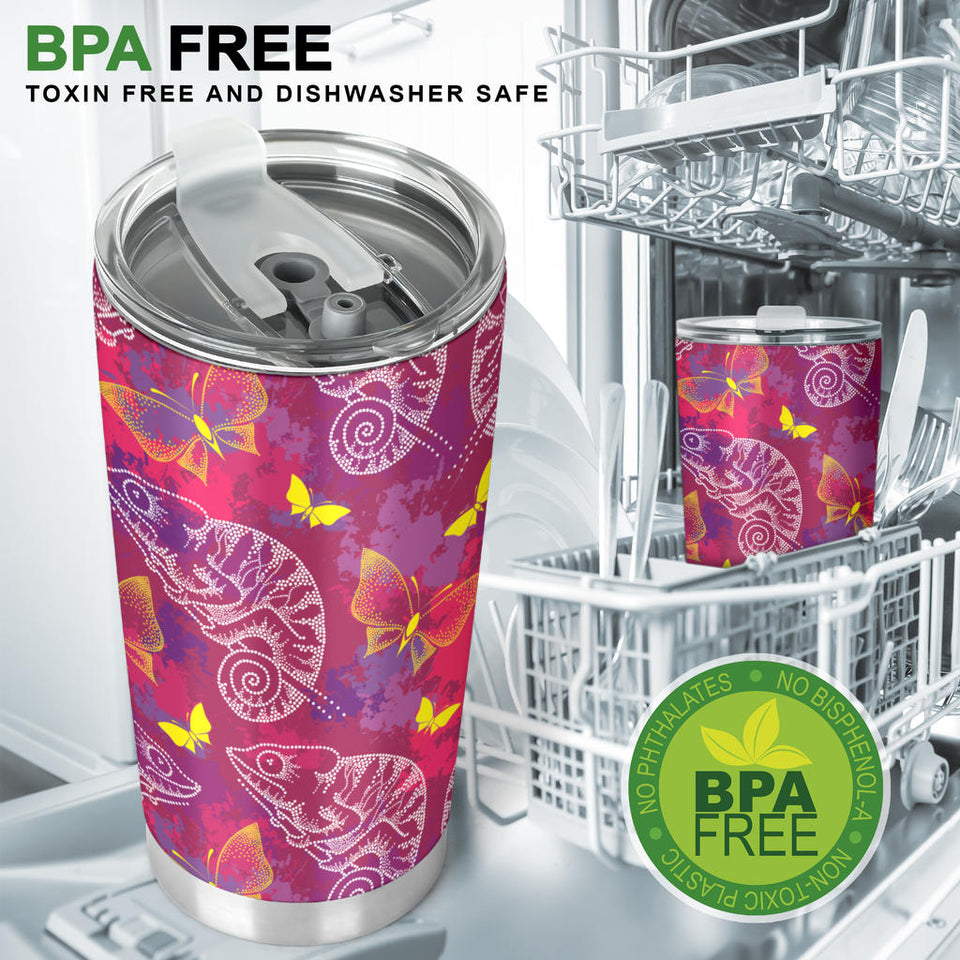 Pink Chameleon Lizard Butterfly Pattern Tumbler