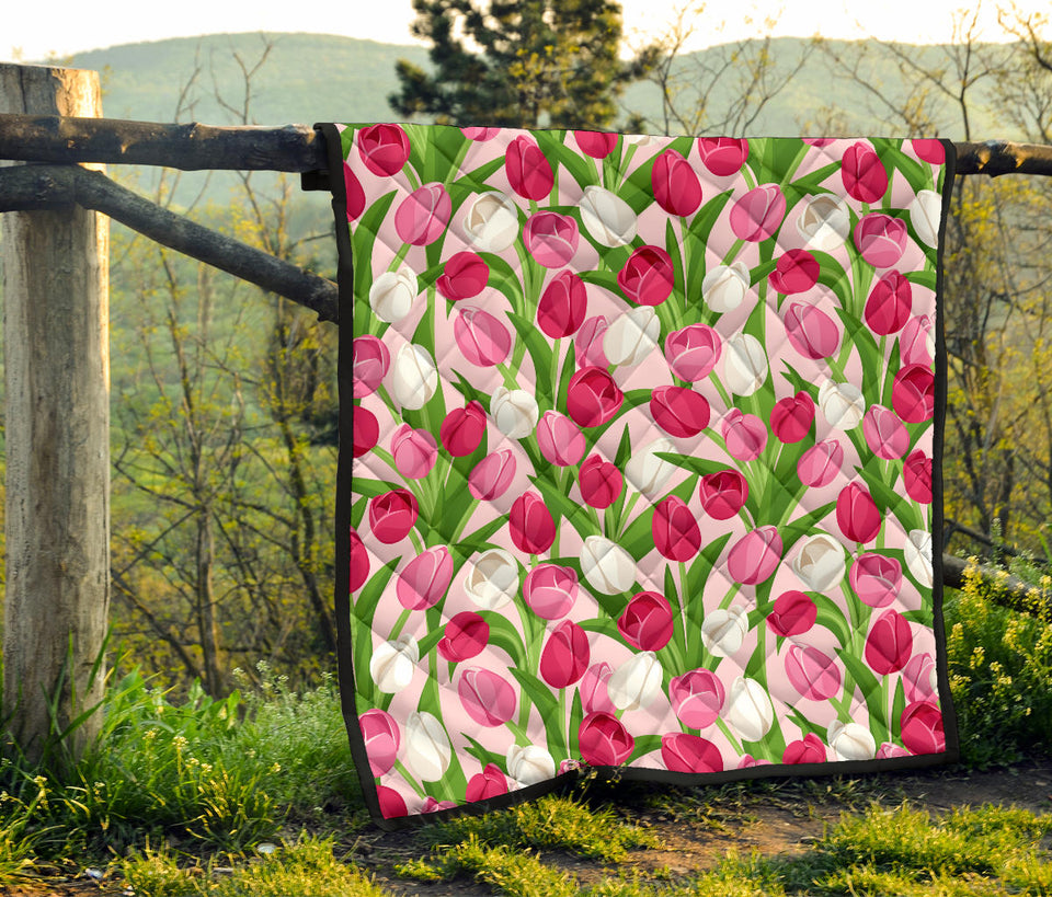 Pink White Tulip Pattern Premium Quilt