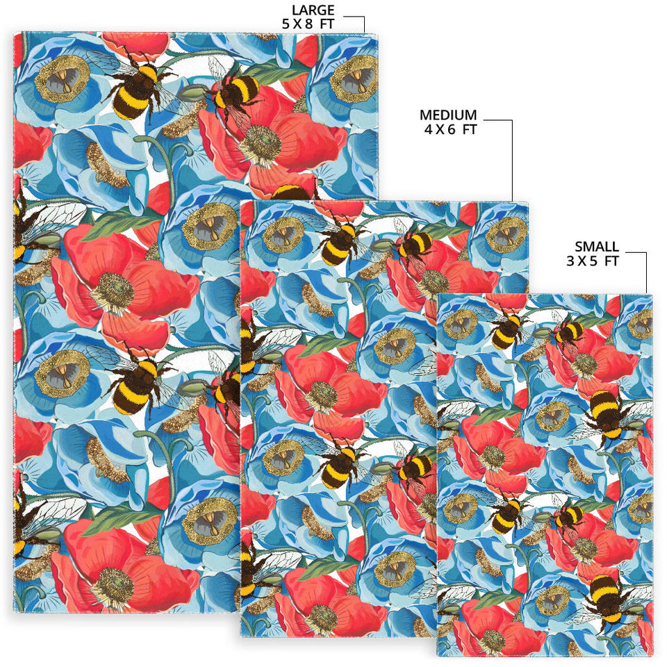 Bee Red and Blue Hibiscus Pattern Area Rug