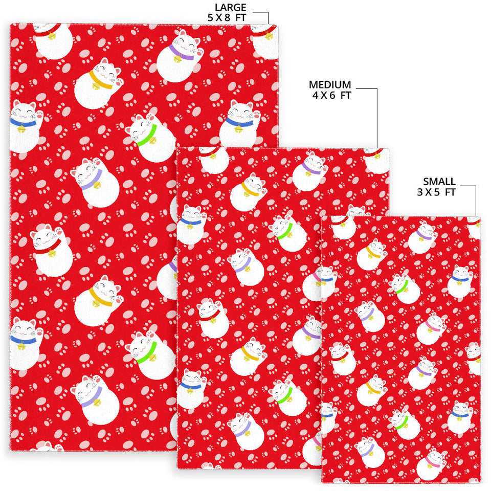 Meneki Neko Lucky Cat Pattern Red Background Area Rug