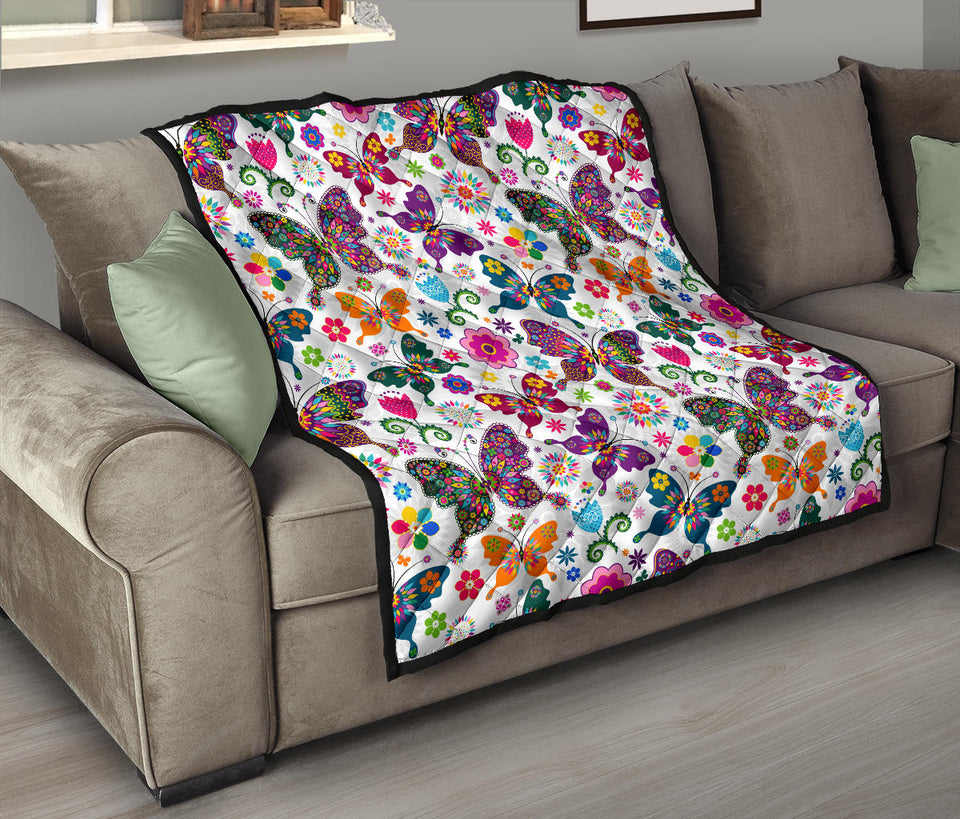 Colorful Butterfly Flower Pattern Premium Quilt