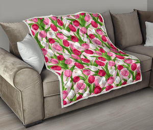 Pink White Tulip Pattern Premium Quilt White