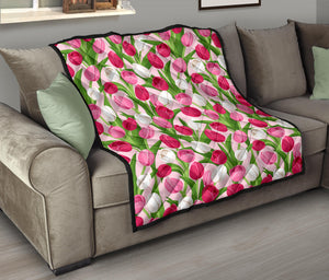 Pink White Tulip Pattern Premium Quilt